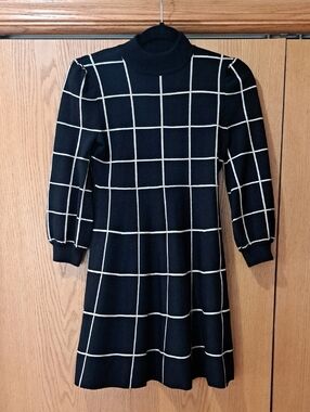 Poppies And Roses Black Windowpane Knit Dress with Mock Neck